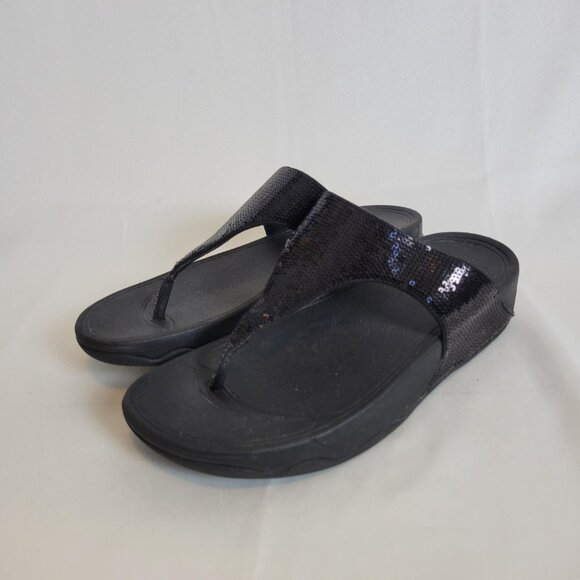 FitFlop Lulus Black Sequin Flip Flops Sandals Size 10 Women's Fitness Beach Walk - Picture 1 of 9
